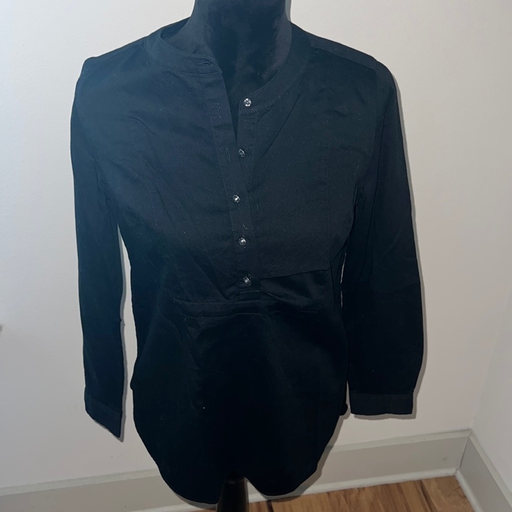 Talbots Petites black 100% cotton tunic top‎ mandarin collar long sleeves Sz S